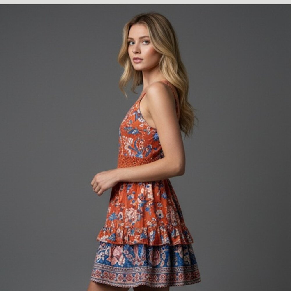 Red Boho Floral Insert Lace Mini Dress - Picture 4 of 8